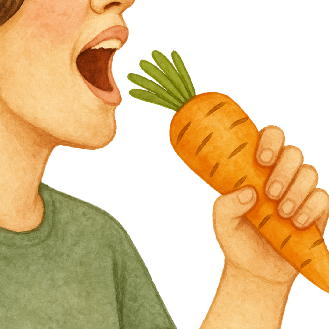 Person singing into a carrot as a microphone for the Carrotoke Challenge to support food gardens